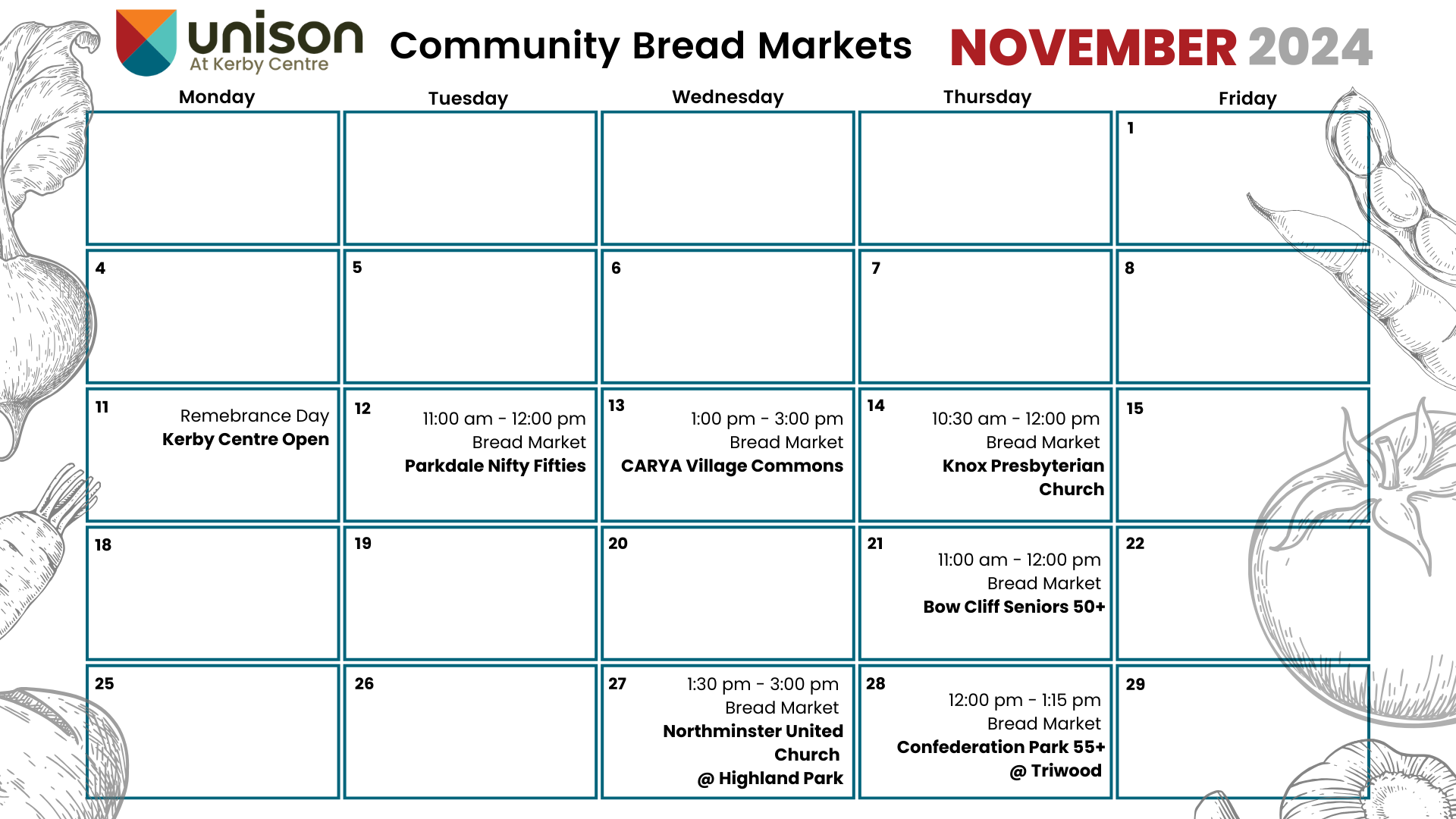 Community Bread Market Calendar - November 2024